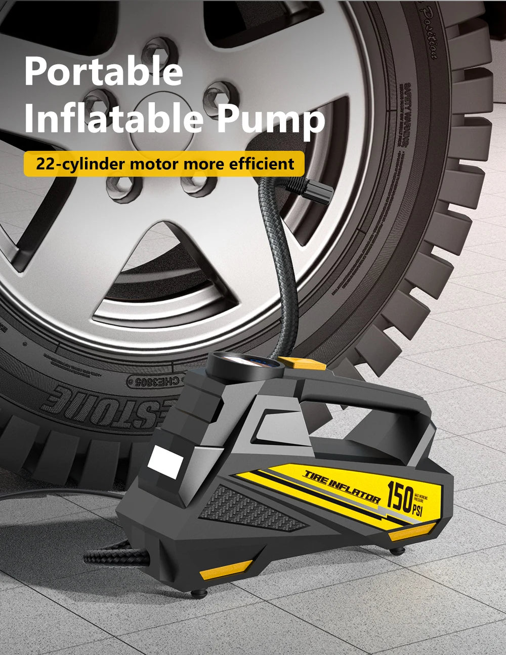 12V Corded Tire Inflator – Portable Air Compressor